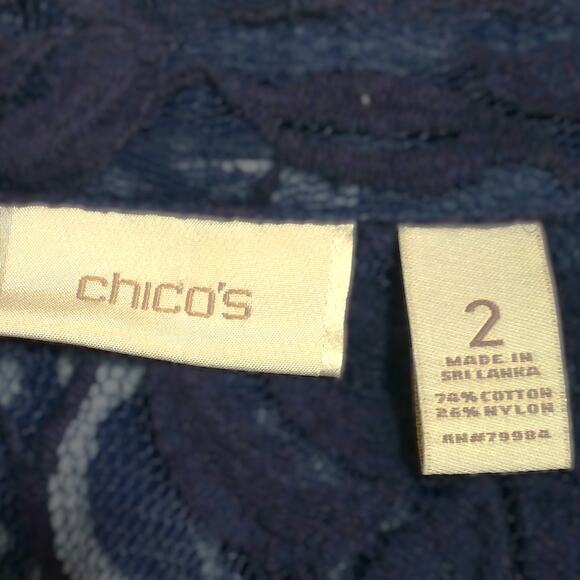 Chicos Navy Lace Moto Jacket Front Zip Up Long Sleeve Collar Sheer Feminine Sz 2 - Picture 5 of 13